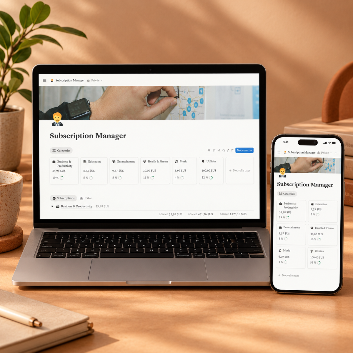 Notion Subscription Manager template mockup showing categories dashboard with cost tracking on laptop and phone