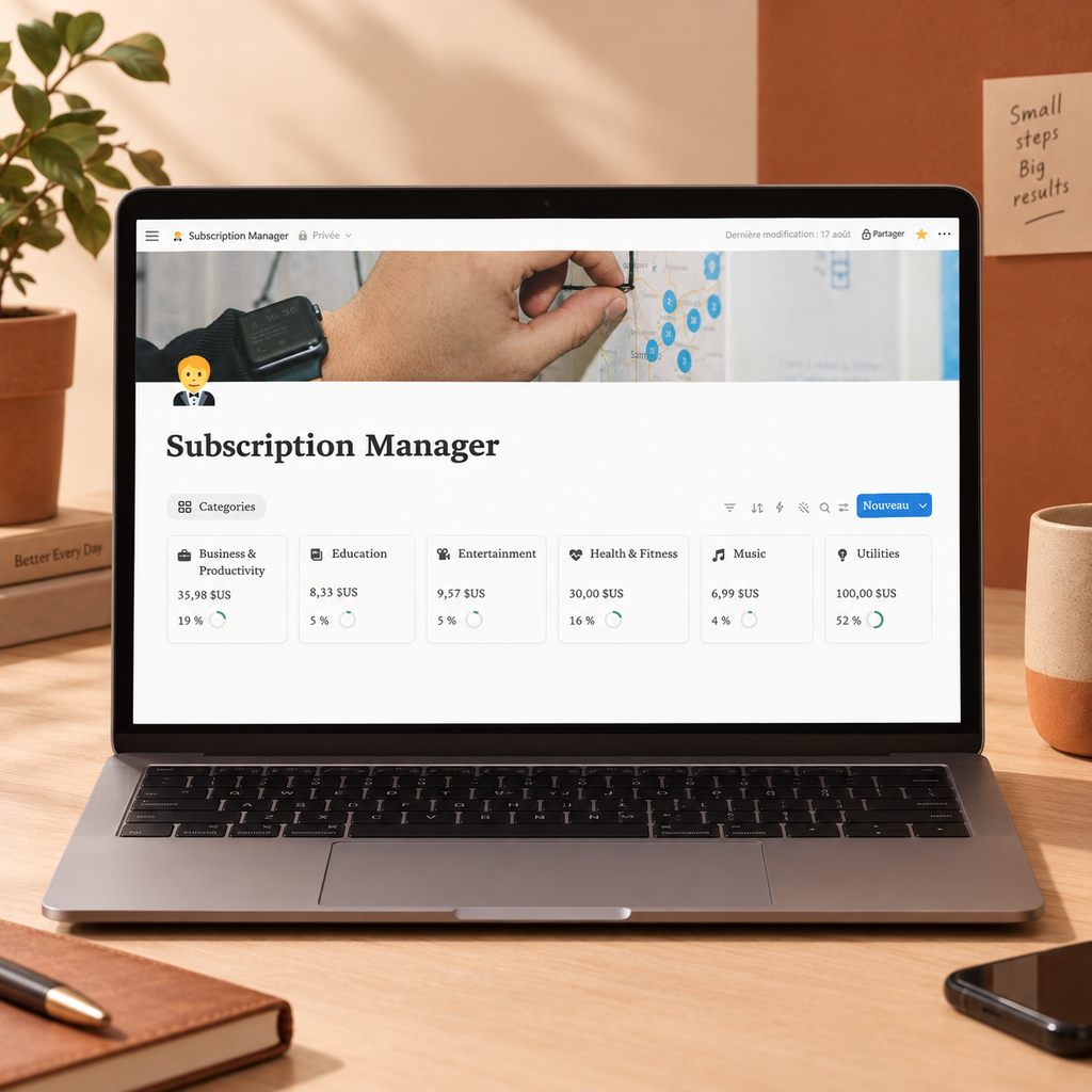 Notion Subscription Manager template dashboard showing subscription categories and monthly costs overview