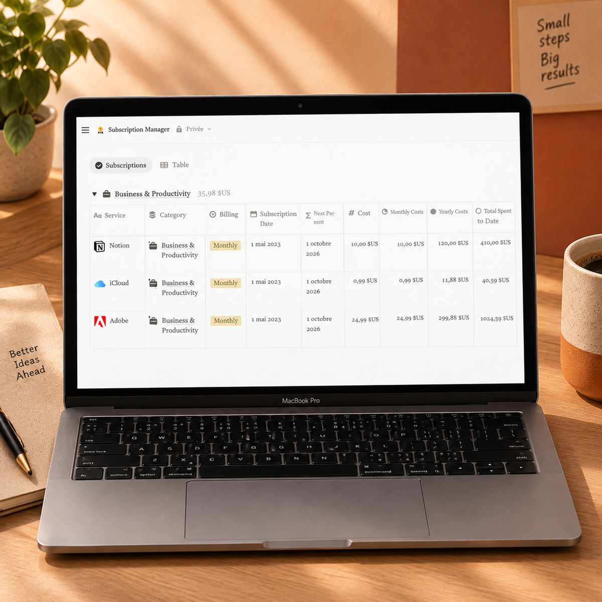 Notion Subscription Manager detailed tracking table showing Notion, iCloud, and Adobe subscription costs
