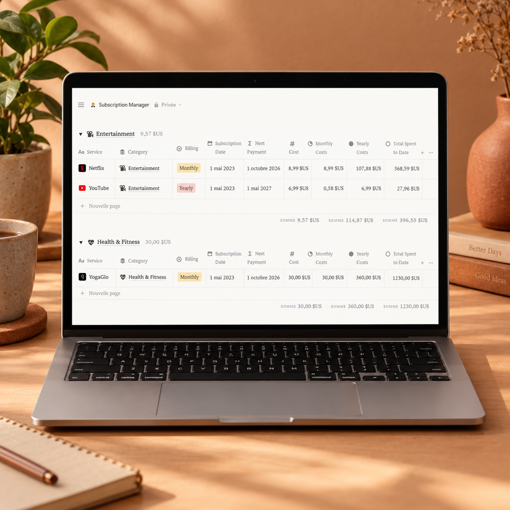 Notion Subscription Manager tracking Netflix, YouTube, and fitness subscription costs and renewal dates