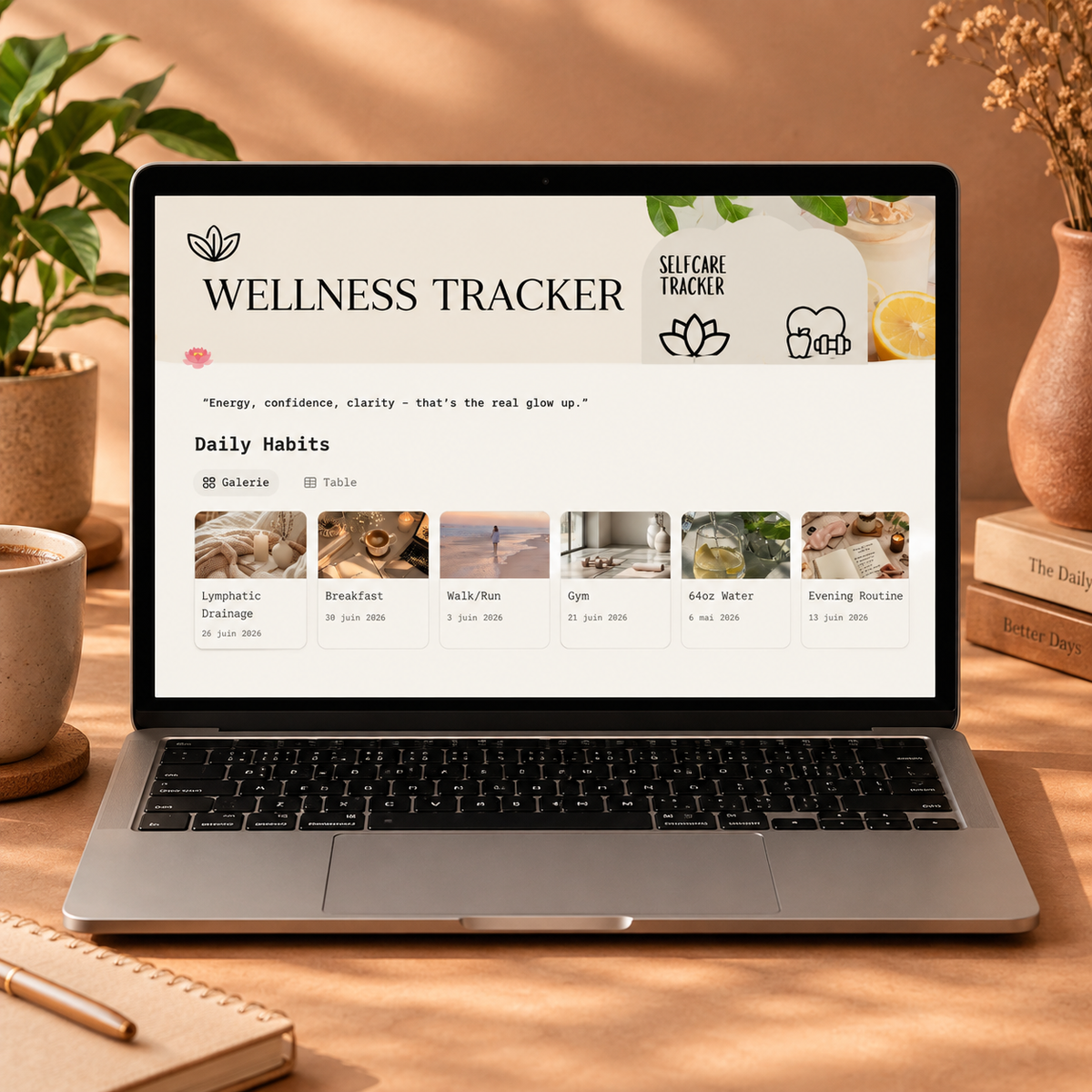 Notion Wellness Tracker template showing daily habits gallery with self-care and fitness tracking on laptop