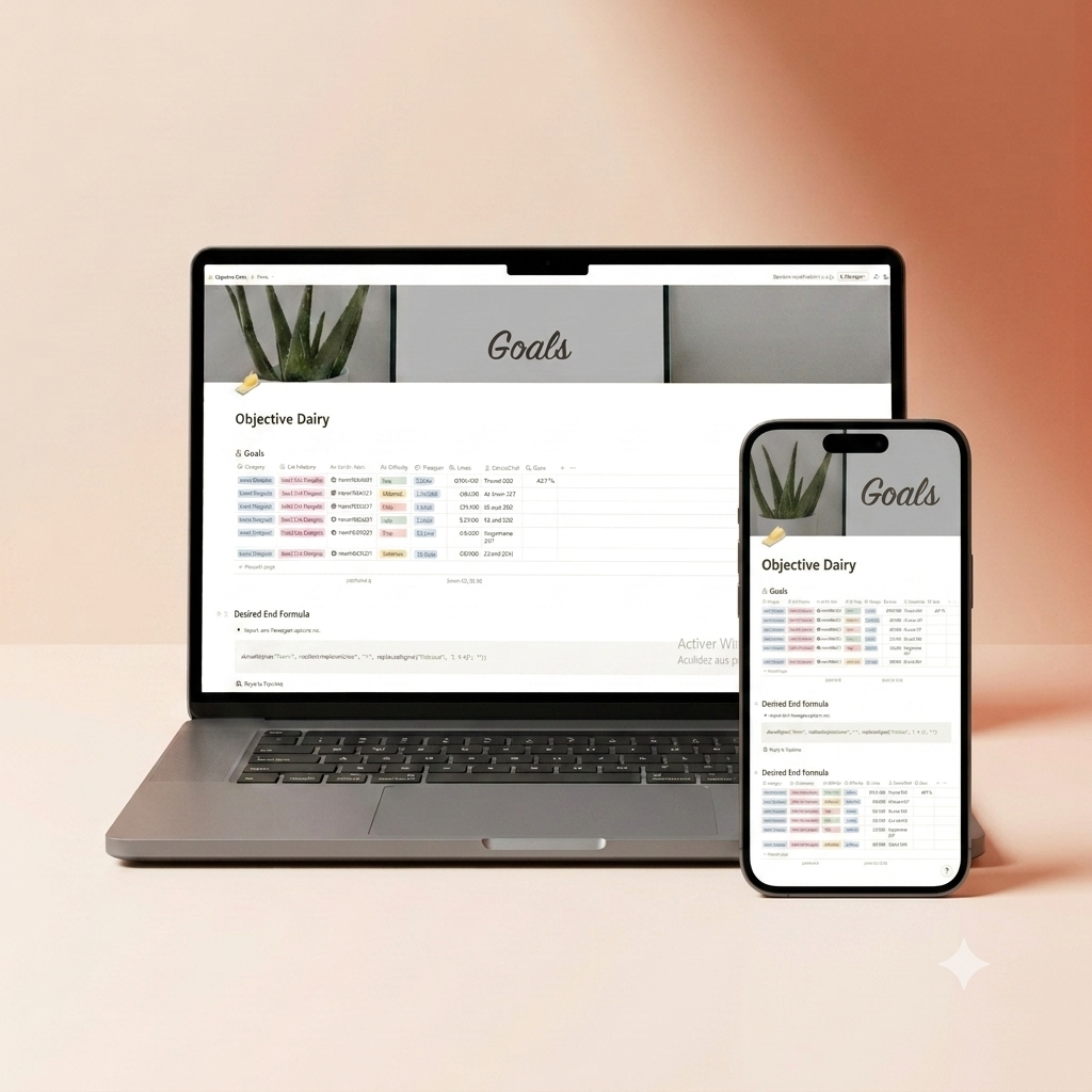 Notion goal tracker template mockup on laptop and phone