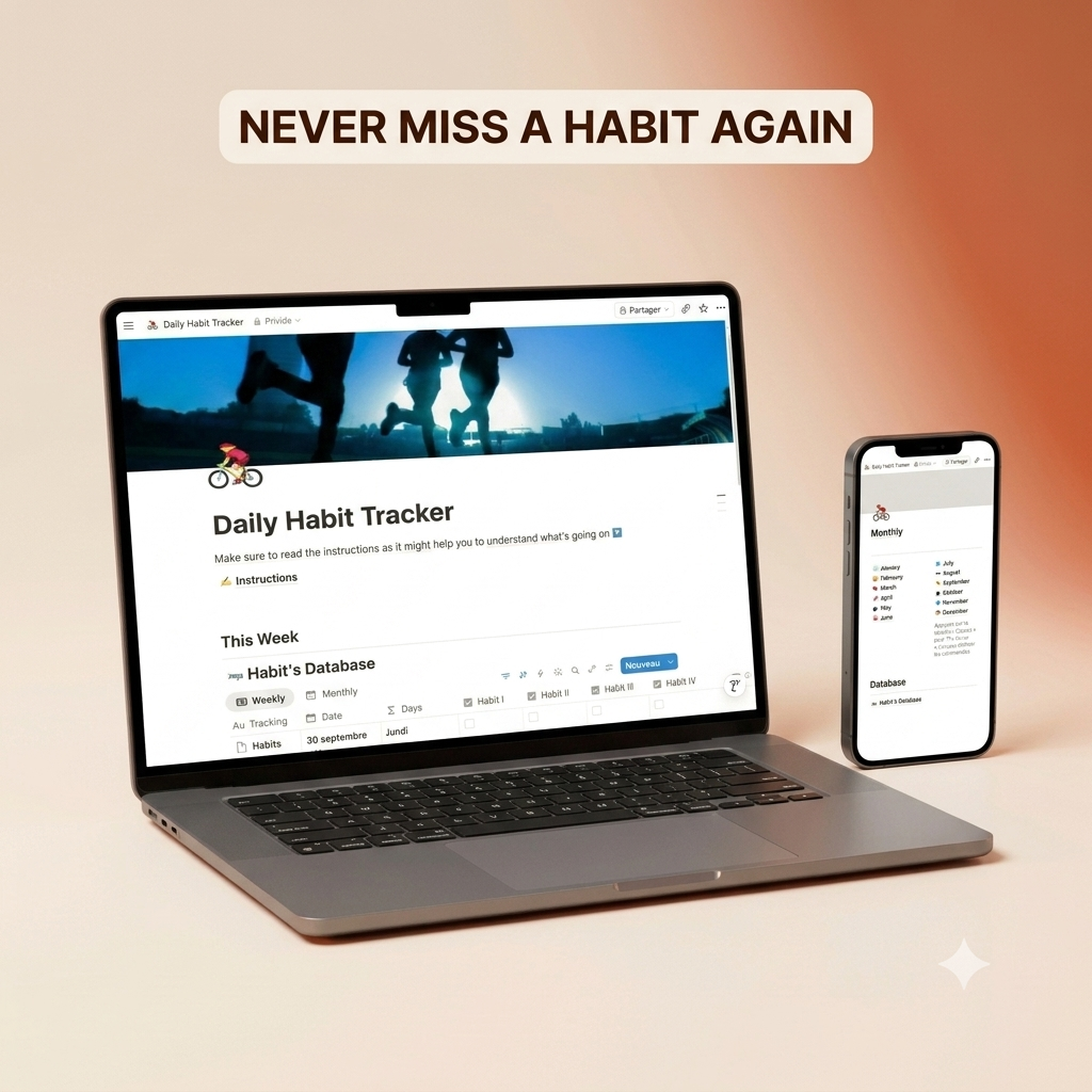 Notion daily habit tracker template mockup on laptop and phone