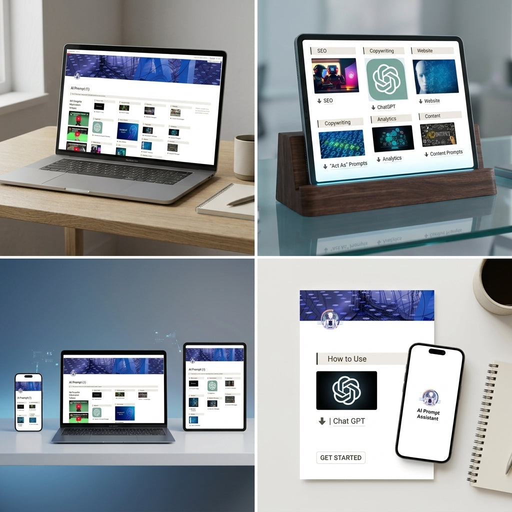 AI Prompt Assistant Notion template views including laptop, tablet and mobile layouts