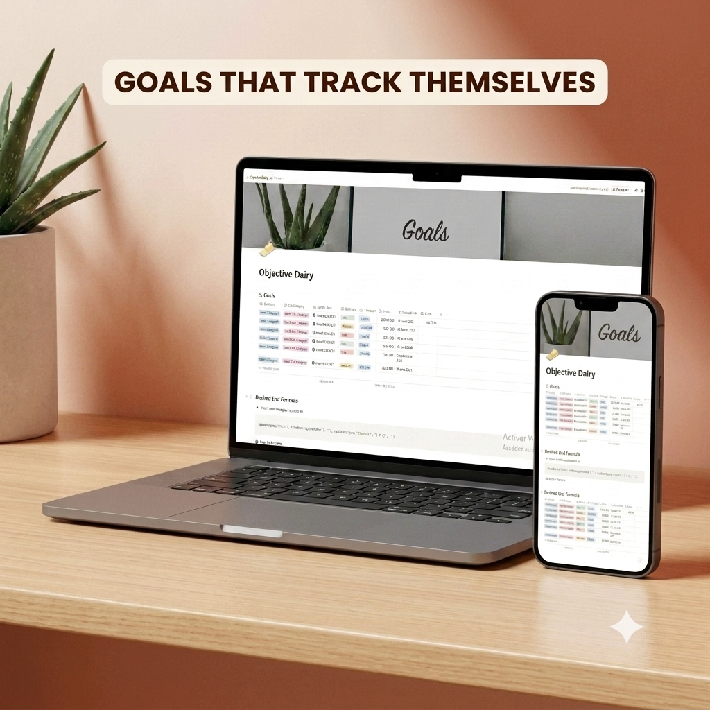 Notion goal tracker template mockup on laptop and phone desk setup
