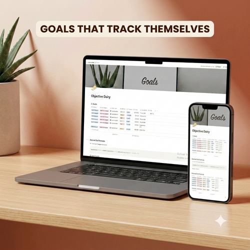 Notion goal tracker template mockup on laptop and phone desk setup
