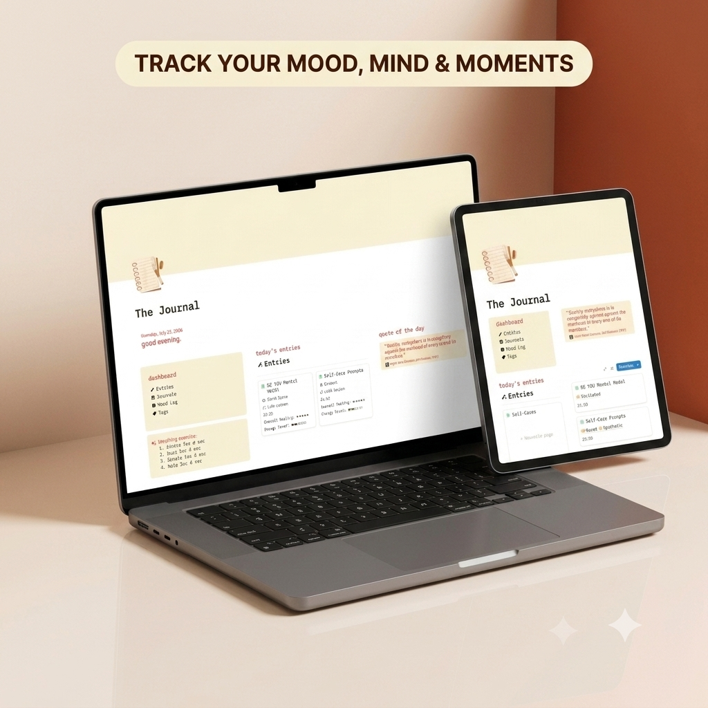 Notion journal template mockup on laptop and tablet desk setup