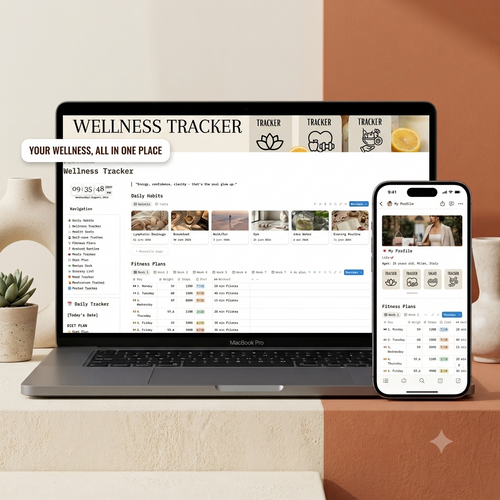 Notion Wellness Tracker template on laptop and phone showing daily habits and fitness tracking