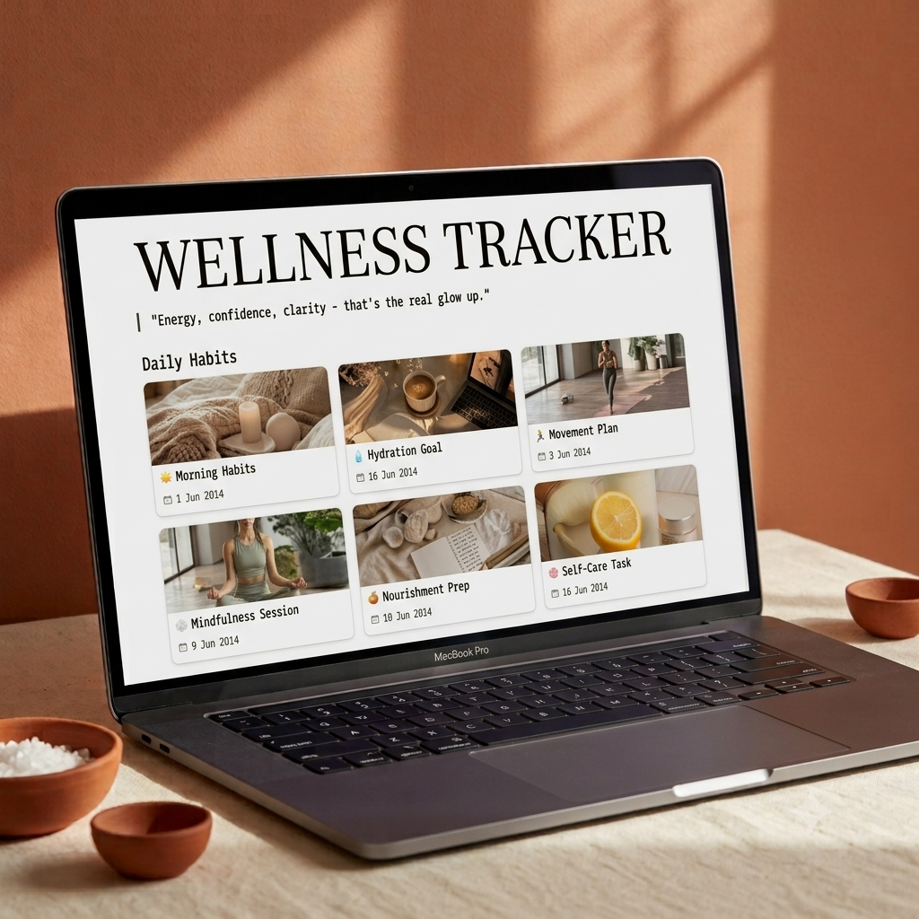 All-in-one wellness Notion template with daily habit and self-care tracker layout