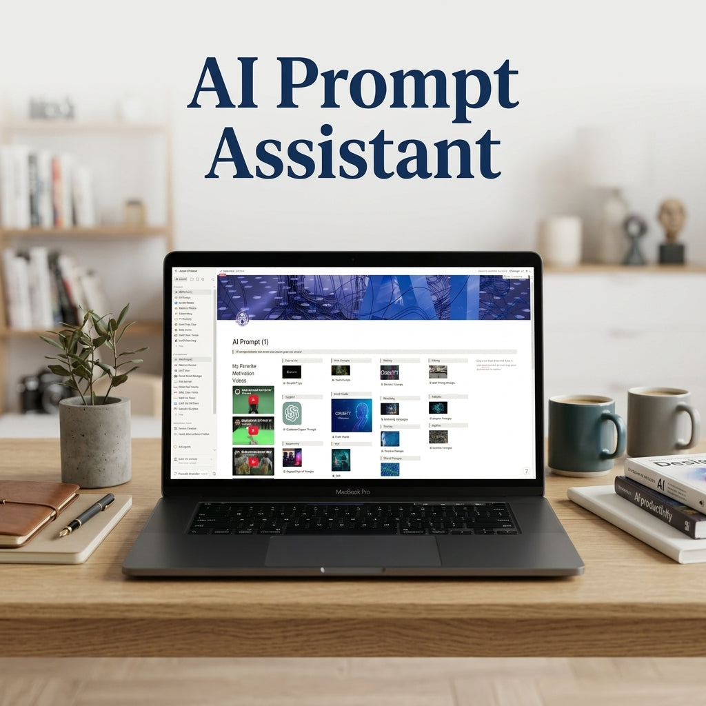 AI Prompt Assistant Notion template dashboard on laptop with categorized AI prompt library