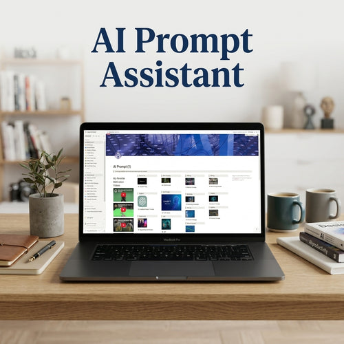 AI Prompt Assistant Notion template dashboard on laptop with categorized AI prompt library